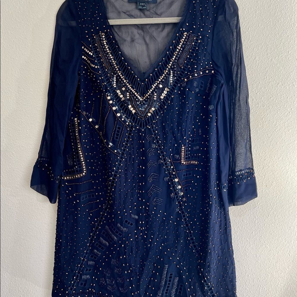 French Connection Navy Blue Evissa Beaded Shift Dress